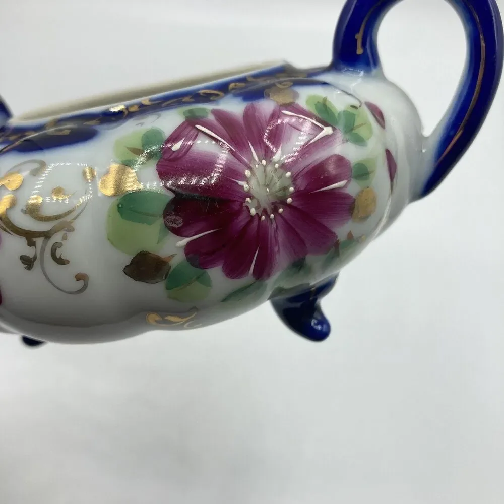 Antique Nippon Flow Blue Floral Creamer & Lidded Sugar Bowl Set Melon Gold Gilt